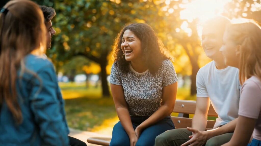 Ett gäng gymnasieelever sitter utomhus tillsammans. En av dem skratttar.